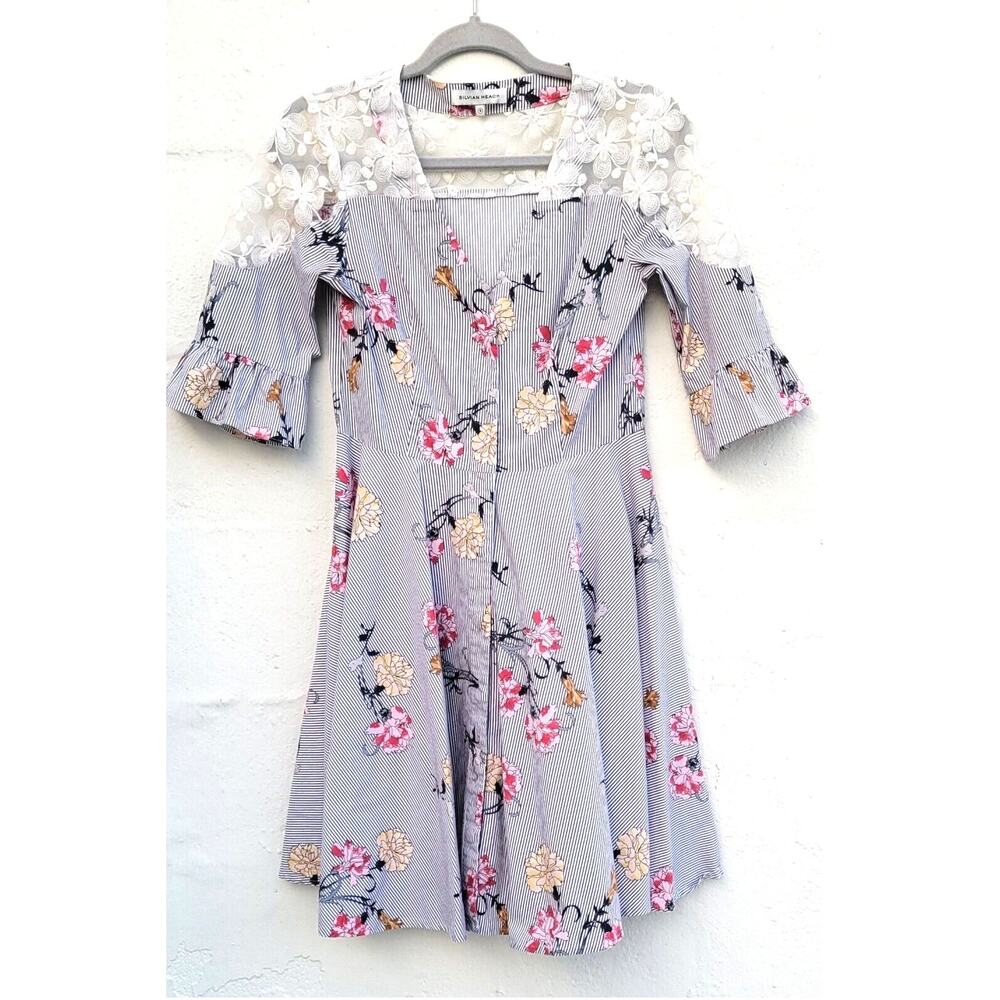 Silvian Heach Shirt Dress Striped Floral Lace‎ Embroidered Snap Up Cottagecore